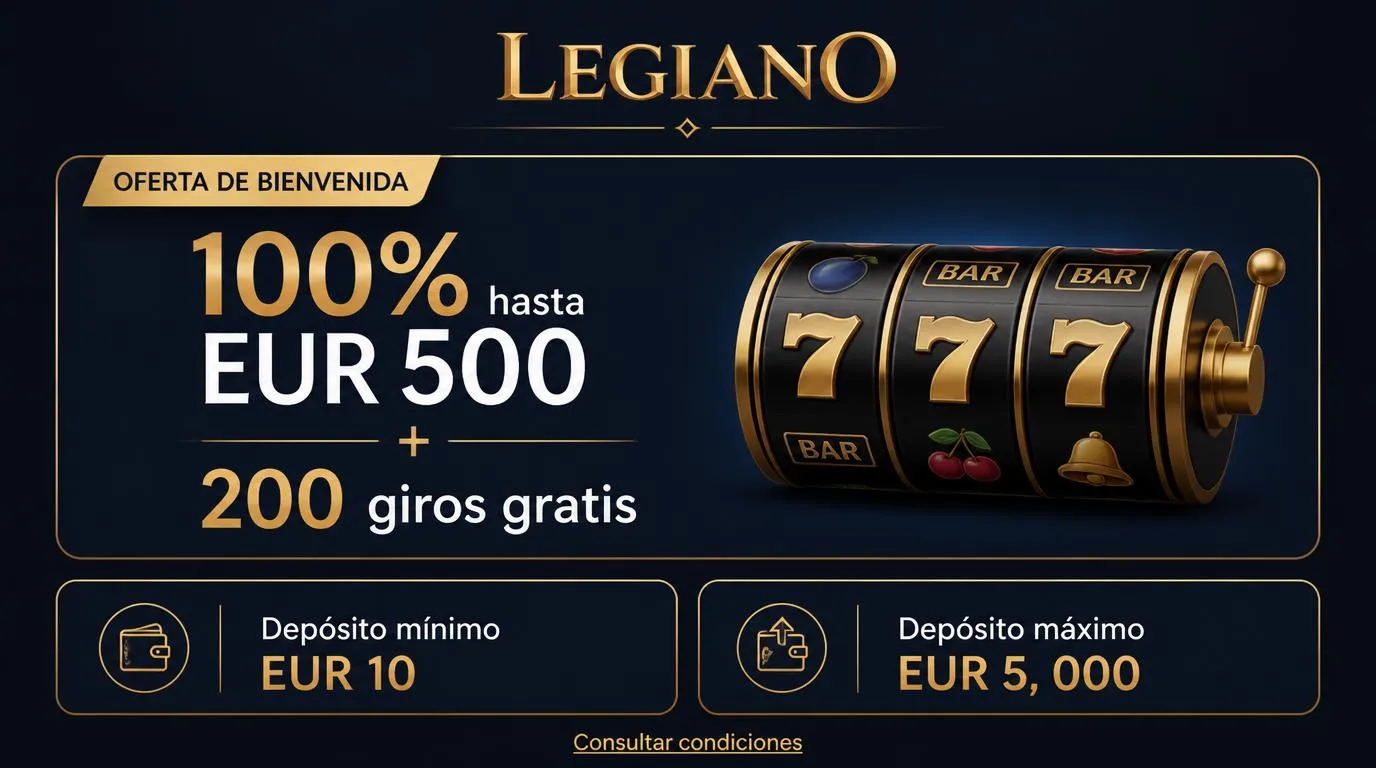 Pantalla de bono de bienvenida con un 100% hasta EUR 500, 200 giros gratis y límites de depósito