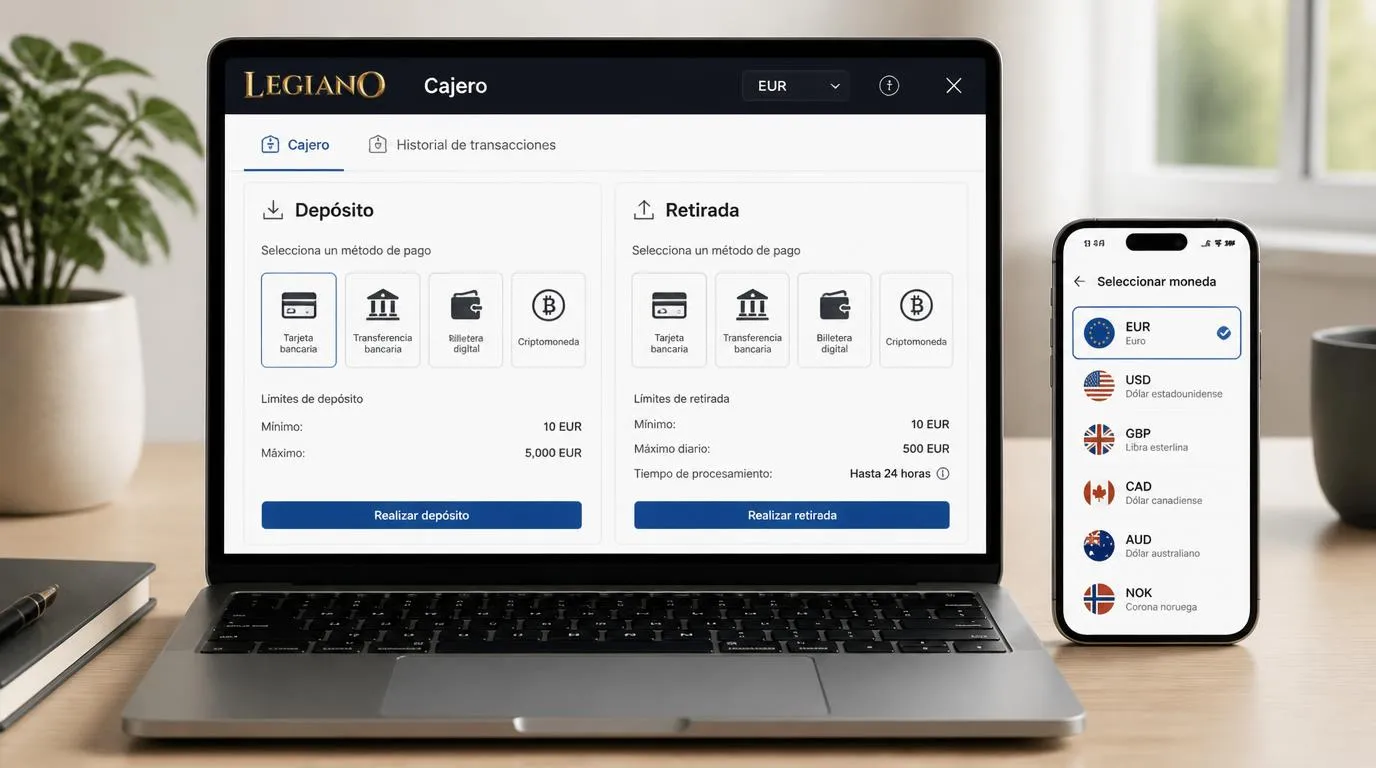 Caja de casino en euros con tarjeta, transferencia, monedero y límites de ingreso y retirada