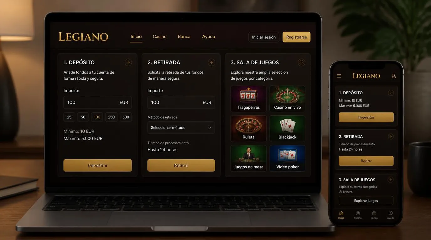 Interfaz de casino con depósito desde 10 EUR, retirada de hasta 24 horas y varios géneros de juegos