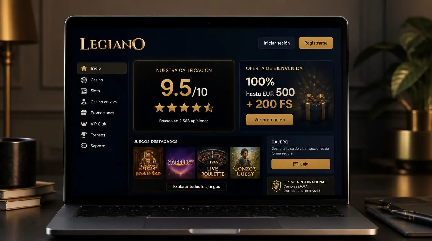 Pantalla de casino con valoración de 9,5 sobre 10, oferta de bienvenida y acceso a la caja