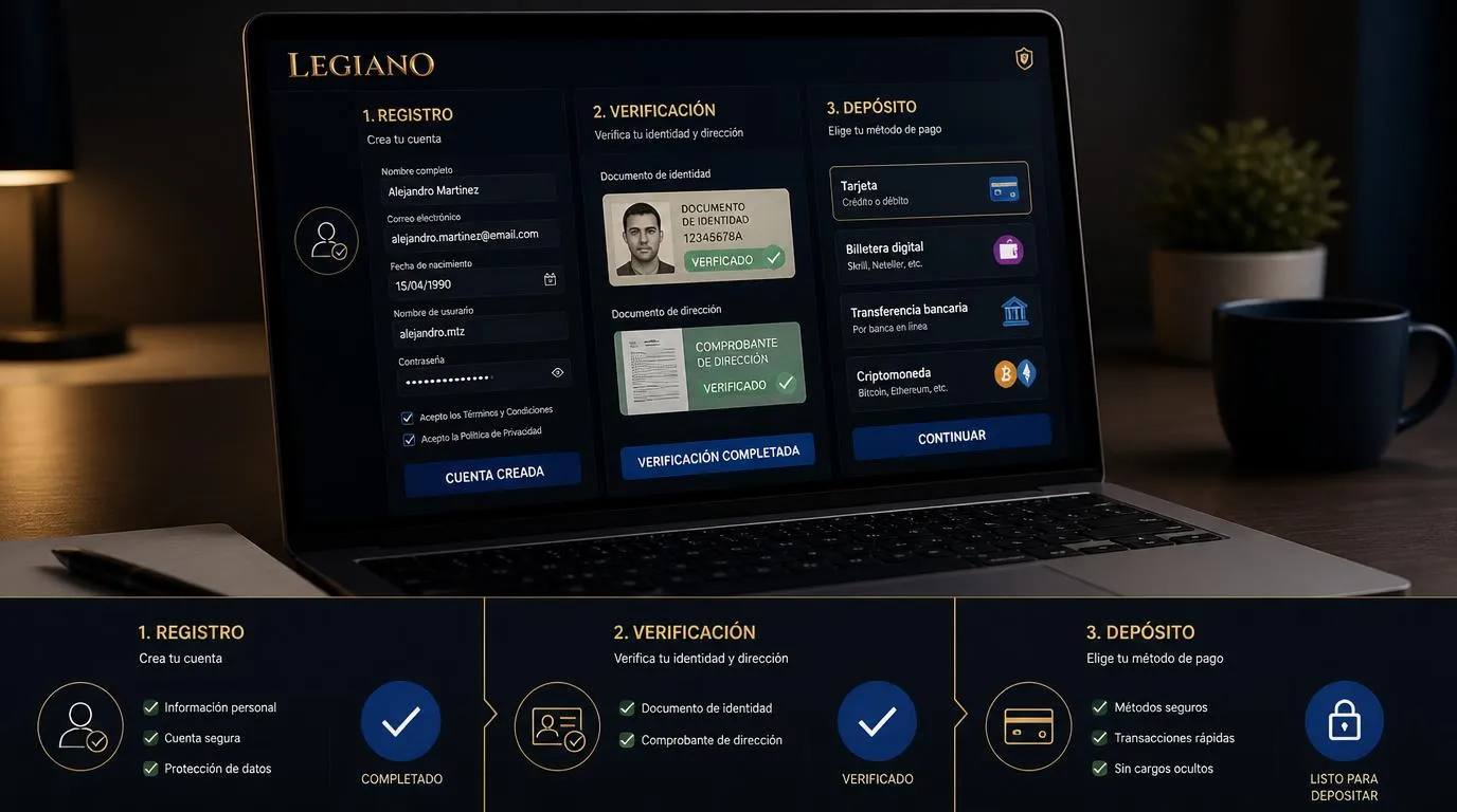 Pantalla de registro con verificación de identidad completada y selección de un método de pago